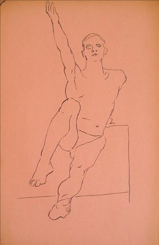 Reaching Out, Male Nude<br>1930-50s Pen & Ink<br><br>#15955