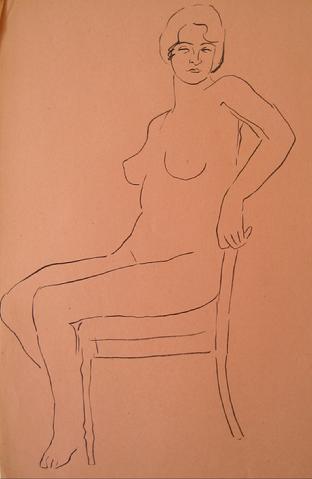 Bold Seated Nude<br>1930-50s Pen & Ink<br><br>#15984