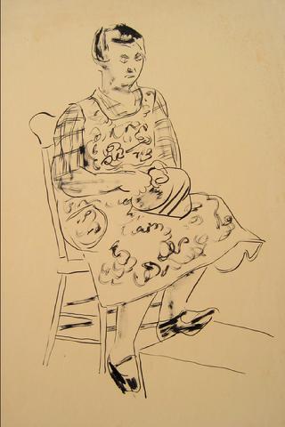 Woman in a Floral Print Dress<br>1930-50s Ink Wash<br><br>#15974