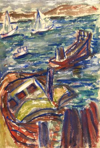 Sailboats in the Bay<br>Mid Century Watercolor<br><br>#5141