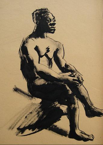 Ink Wash Male Nude&lt;br&gt;1930-50s Drawing&lt;br&gt;&lt;br&gt;#16030