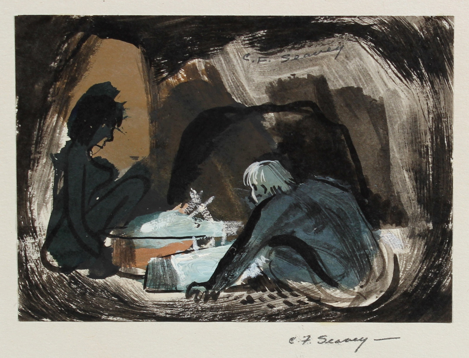 Petit Muted Interior Figurative Scene <br>1946 Gouache & Ink <br><br>#3437