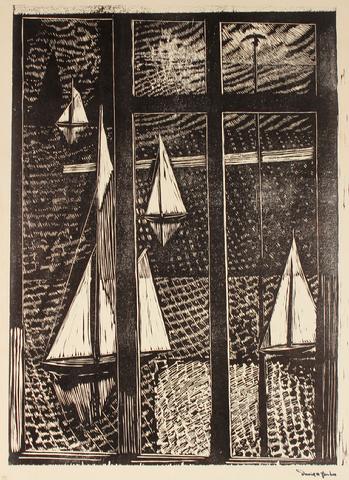 Ships in the Harbor<br>Mid Century Woodcut<br><br>#82329