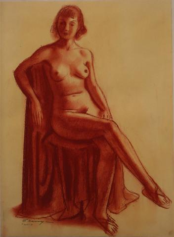 Modernist Seated Nude in Red<br>1920-30s Conte Crayon on Paper<br><br>#9417