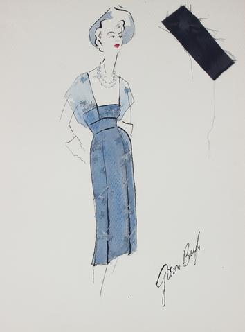 Vintage Sheath Dress in Blue&lt;br&gt; Gouache &amp; Ink Fashion Illustration&lt;br&gt;&lt;br&gt;#26161