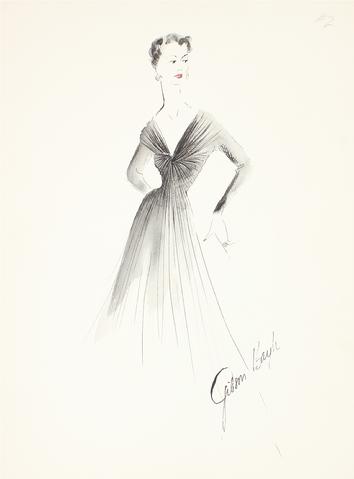 Elegant Black Draped Collar Dress<br> Gouache & Ink Fashion Illustration<br><br>#26597