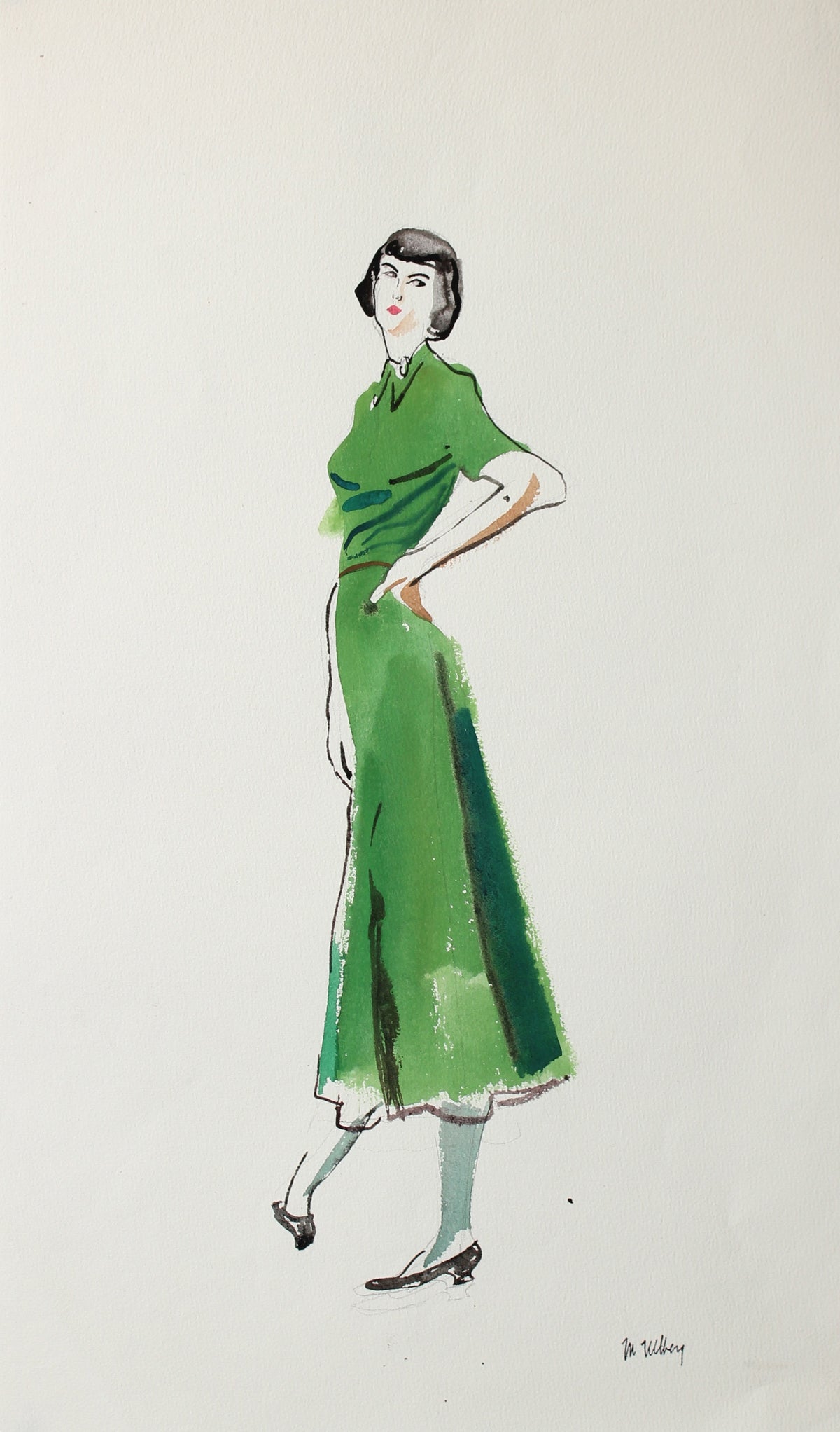 Green Dress, Fashion Study&lt;br&gt;Watercolor, 1946-54&lt;br&gt;&lt;br&gt;#3584