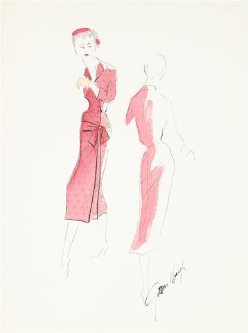 Red Pencil Dress with Bowed Waist<br> Gouache & Ink Fashion Illustration<br><br>#26524