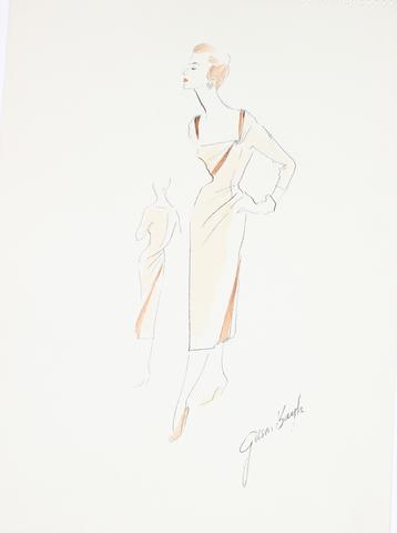 Orange Dress With A Court Neckline<br> Gouache & Ink Fashion Illustration<br><br>#26584