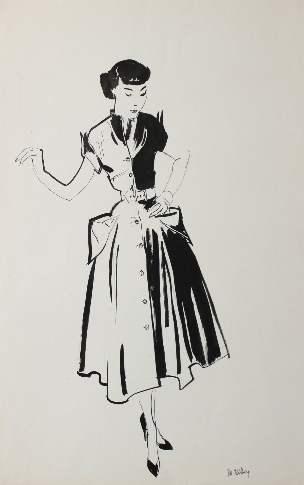 Monochromatic Fashion Illustration&lt;br&gt;Ink, 1940-50&lt;br&gt;&lt;br&gt;#3595