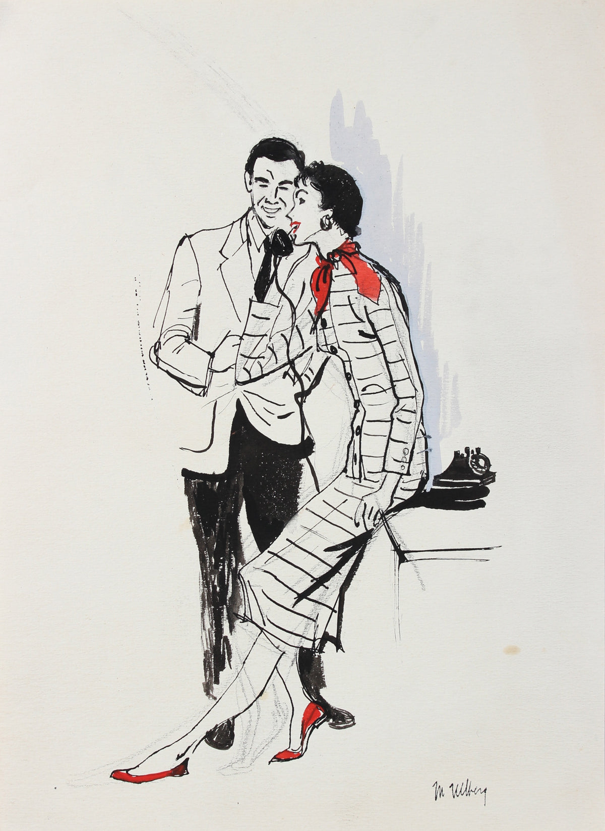 Couple at the Phone&lt;br&gt;Watercolor &amp; Ink, 1940-50&lt;br&gt;&lt;br&gt;#3599