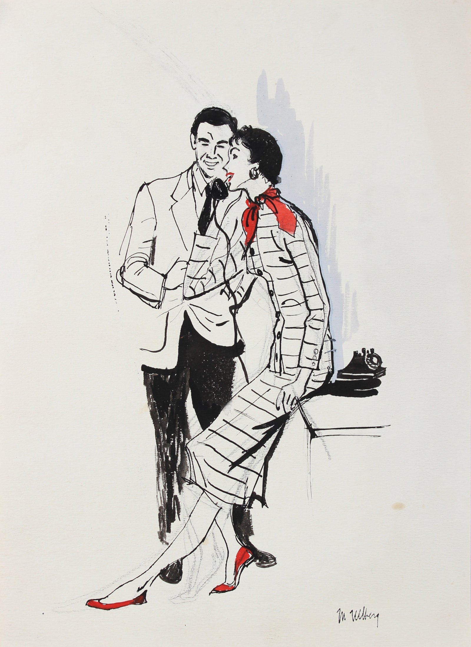 Couple at the Phone<br>Watercolor & Ink, 1940-50<br><br>#3599