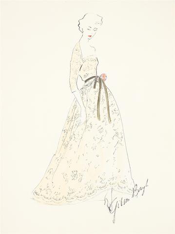 Creme Dress With a Tied Waist<br> Gouache & Ink Fashion Illustration<br><br>#26538