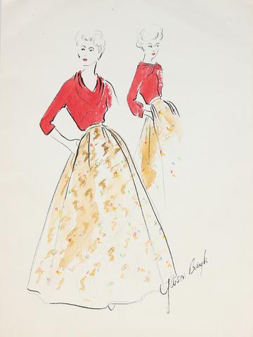 1950s Shirtwaist Dress in Red & Yellow<br>Gouache & Ink Fashion Illustration<br><br>#27246