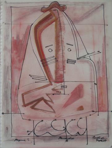 Pink Surrealist Face&lt;br&gt;1967 Oil &amp; Ink&lt;br&gt;&lt;br&gt;#14527