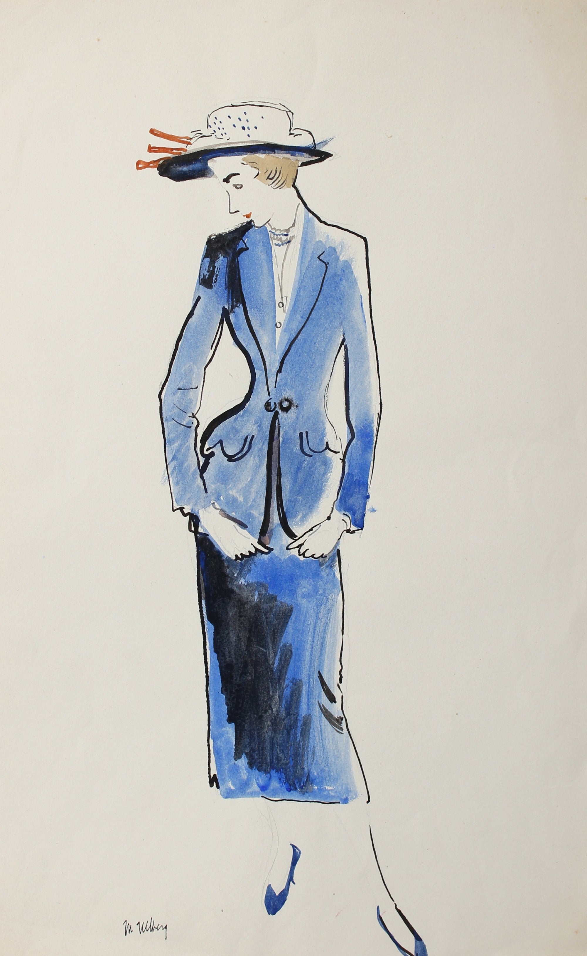 Ladies Suit & Hat, Blue<br>Mid Century Illustration<br><br>#3655