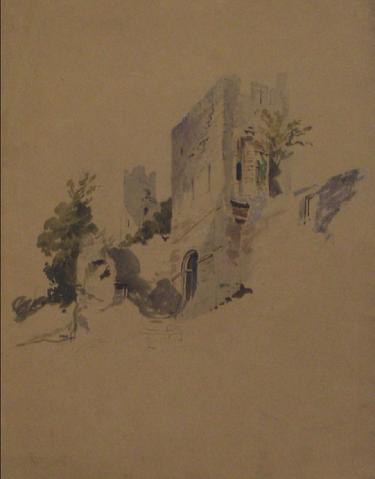 Pale Blue Castle Scene<br>Early-Mid 1800s Watercolor<br><br>#10148