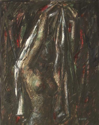 <i>Figure Holding Drapery</i><br>1952 Tempera Paint on Board<br><br>#13534