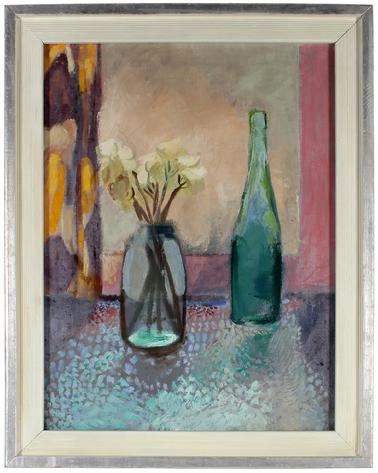 Still Life with Flowers & Wine Bottle<br>Mid Century Oil<br><br>#51898