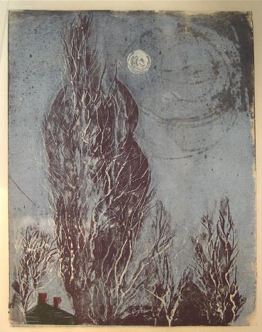 Willowy Trees Under Moonlight<br>1960s Woodcut<br><br>#8817
