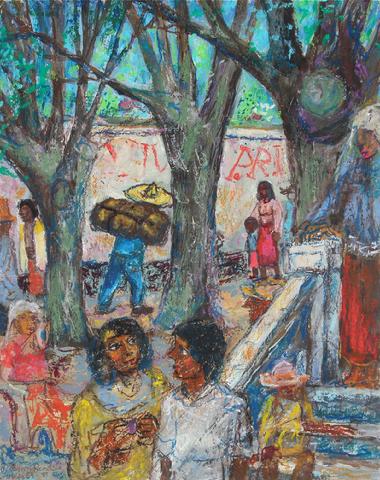 Mexcian Oil Pastel People Scene<br>1954-88<br><br>#9129