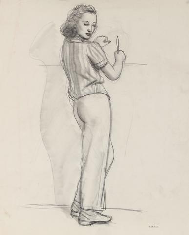 A Poised Woman<br>Early-Mid Century Graphite Drawing<br><br>#90745