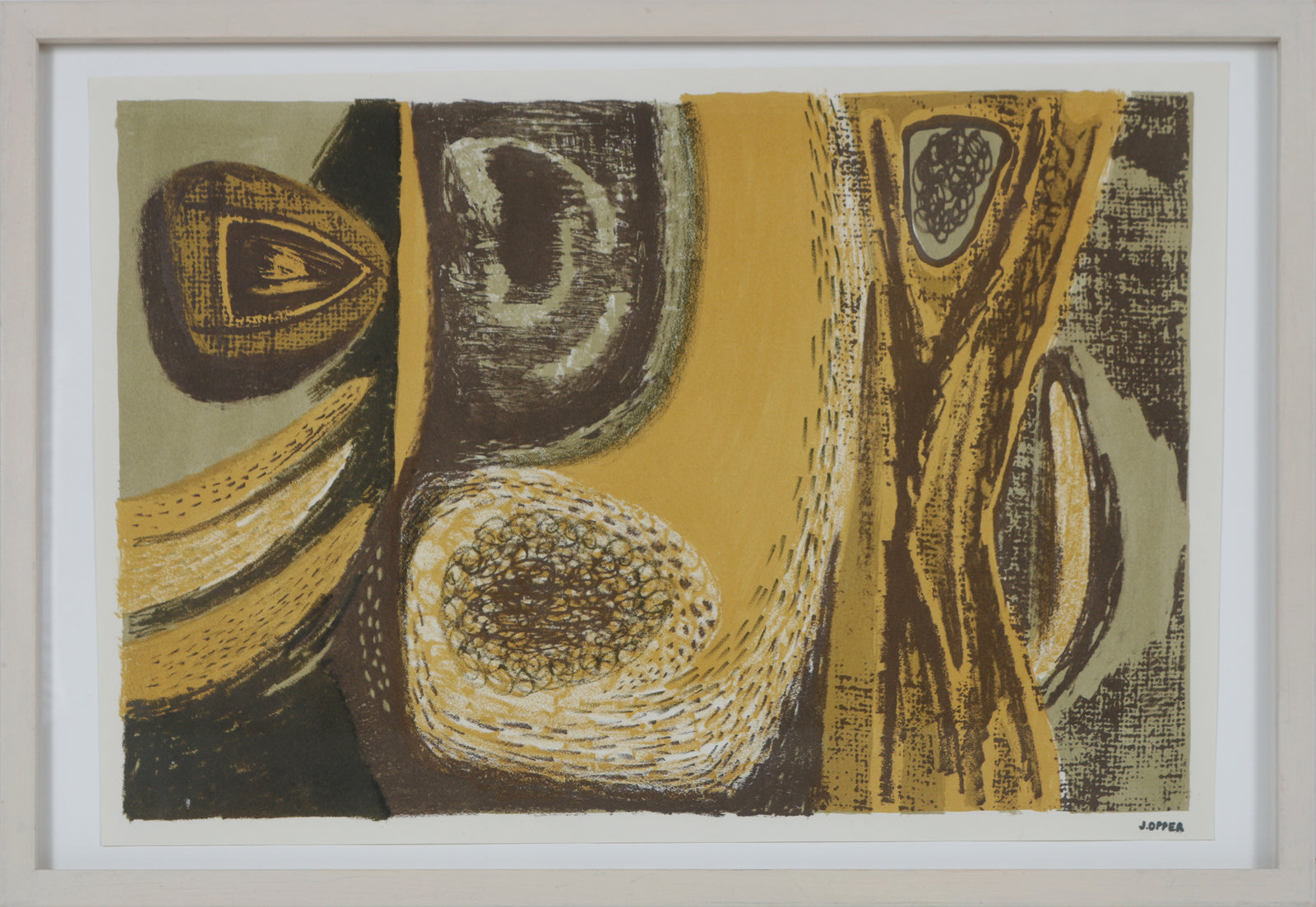 Yellow and Brown Abstract <br>1940-50s Stone Lithograph <br><br>#40736