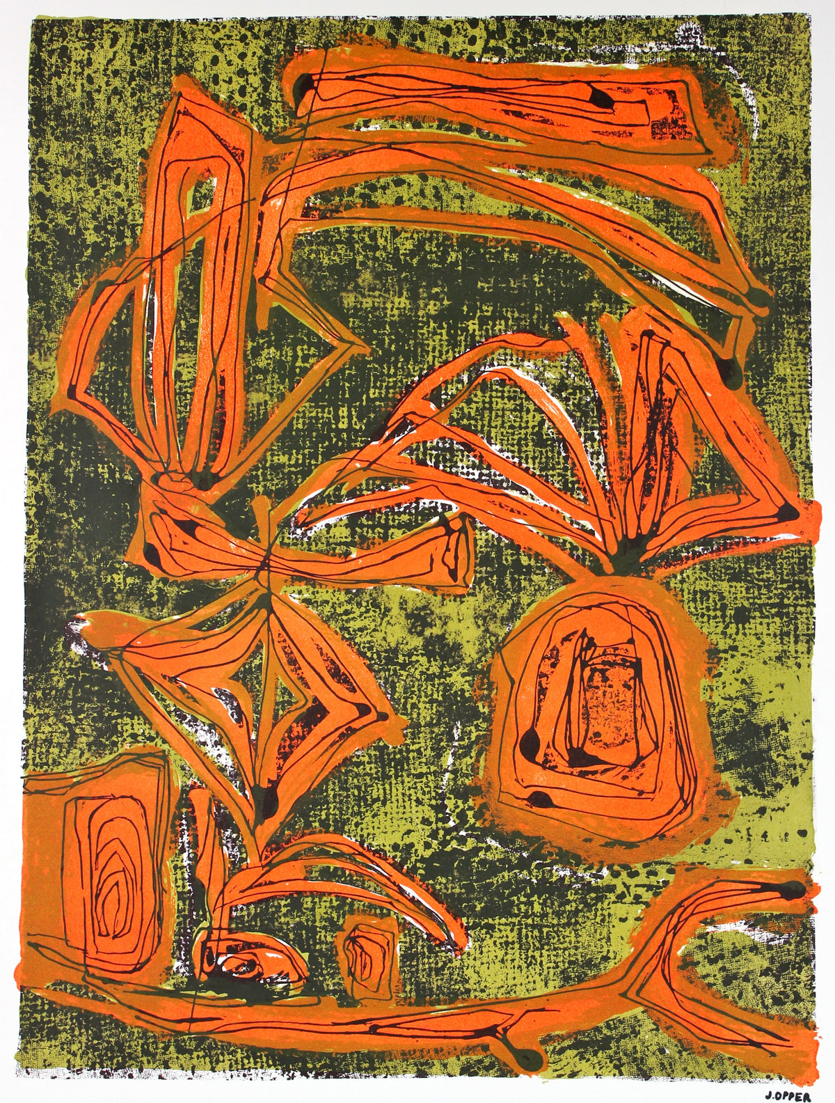 Green &amp; Orange Organic Forms&lt;br&gt;1940-50s Stone Lithograph&lt;br&gt;&lt;br&gt;#40755