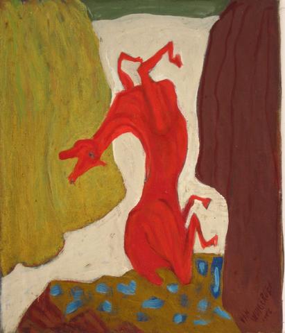 Red Abstracted Horse<br>1940-50s Oil<br><br>#4926