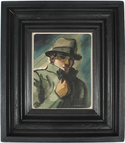 Man In a Trenchcoat<br>1930-60s Watercolor<br><br>#13381