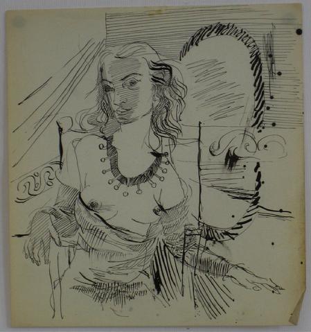 Woman at a Mirror<br>Ink, Mid Century<br><br>#7741