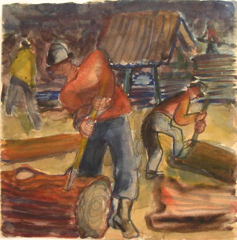 Loggers at Work&lt;br&gt;1940-60s Watercolor&lt;br&gt;&lt;br&gt;#4657