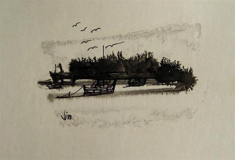 Petit Modernist Seascape<br>Ink Wash on Paper<br><br>#16215