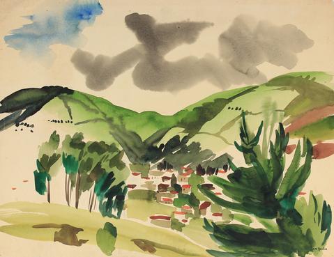 Abstracted Hillside Scene<br>Mid Century Watercolor<br><br>#82255