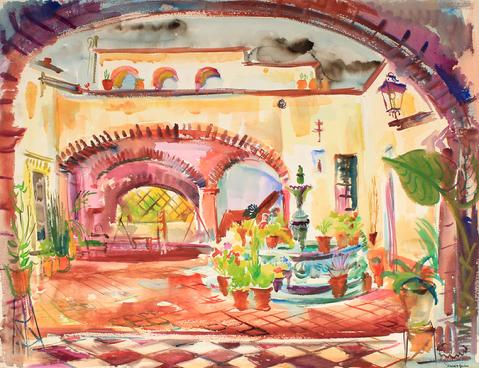 Colorful Interior Courtyard Scene<br>Mid Century Watercolor<br><br>#82262