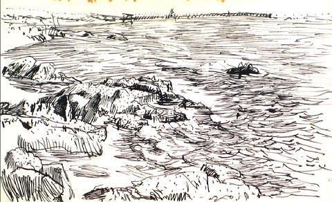 Expressive Coastal Scene<br>Ink, 1940-60s<br><br>#10398