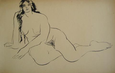 Reclining Nude<br>1930-50s Ink Wash<br><br>#15927