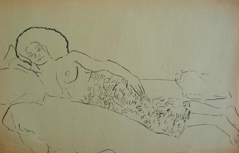 Contemplative Female Nude<br>Pen & Ink, 1930-50s<br><br>#15929