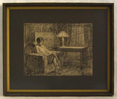 Reading by Lamp Light&lt;br&gt;1920-40s Charcoal Interior Scene&lt;br&gt;&lt;br&gt;#9582
