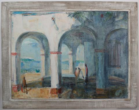 Seaside Interior Scene<br>Oil, Mid Century<br><br>#18987