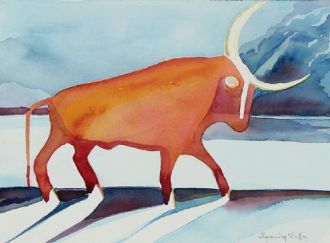 Vivid Abstracted Bull&lt;br&gt;Late 20th Century Watercolor&lt;br&gt;&lt;br&gt;#22637