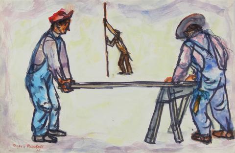 WPA Construction Scene<br>1960 Watercolor & Ink<br><br>#30680