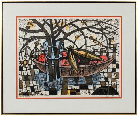 <i>Plum Branches</i><br>Mid Century Linoleum Block Print<br><br>#45946