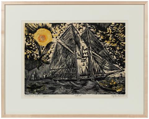 <i>Schooner & Dorymen</i><br>Mid Century Linoleum Block Print & Gold Leaf<br><br>#45969