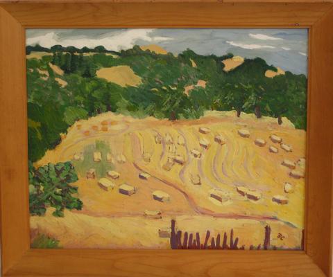 Abstracted Farm Scene<br>Mid Century Oil<br><br>#4838