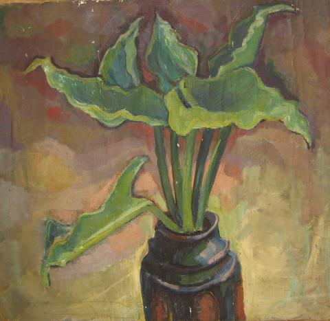 Green Potted Still Life<br>Mid Century Oil<br><br>#4878