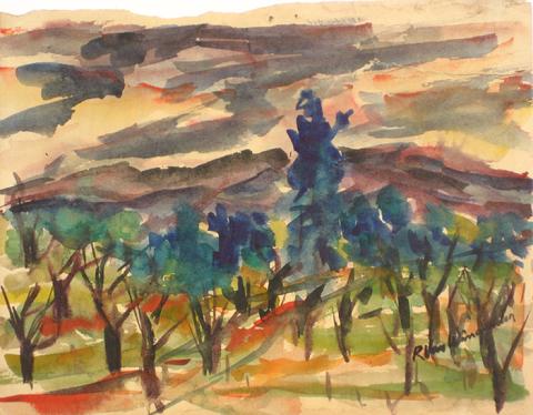 Mid Century Abstracted California Landscape<br>Watercolor on Paper<br><br>#5053