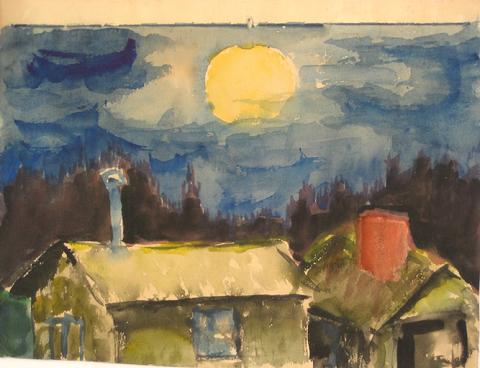 Moon Over the House<br>Mid Century Watercolor<br><Br>#5056