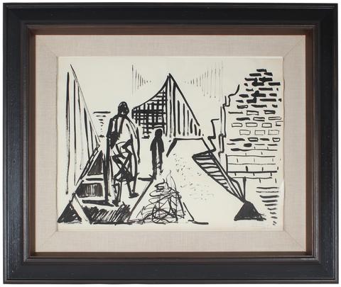 Abstracted Figures in Landscape<br>1961 Ink Wash Scene<br><br>#49942