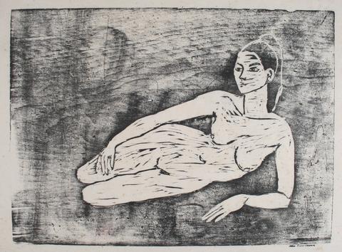 Reclining Female Nude<br>1960-70s Woodcut<br><br>#71284